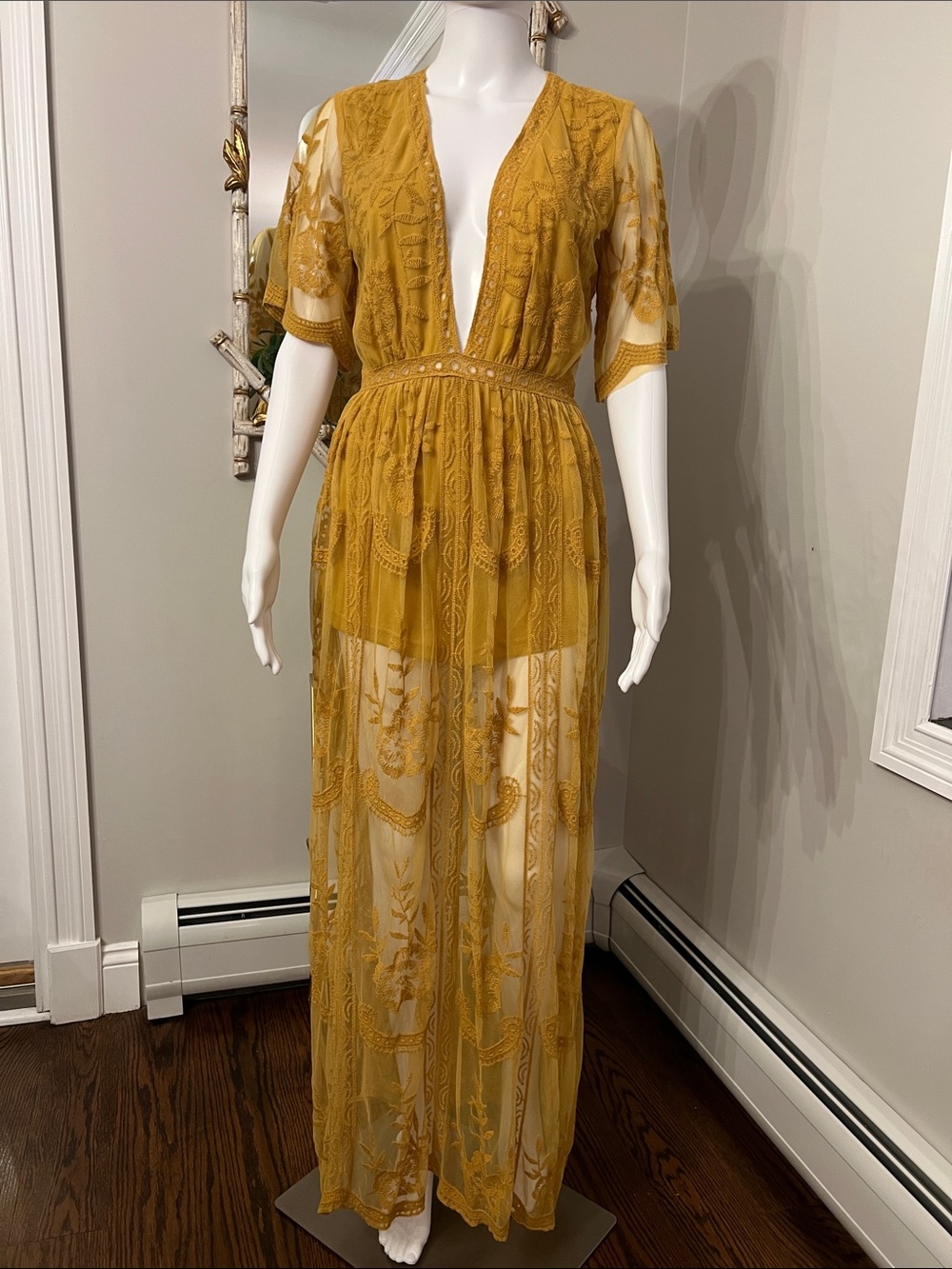 Honey Punch Mustard Lace Deep V-Neck Sheer Jumpsuit Romper
